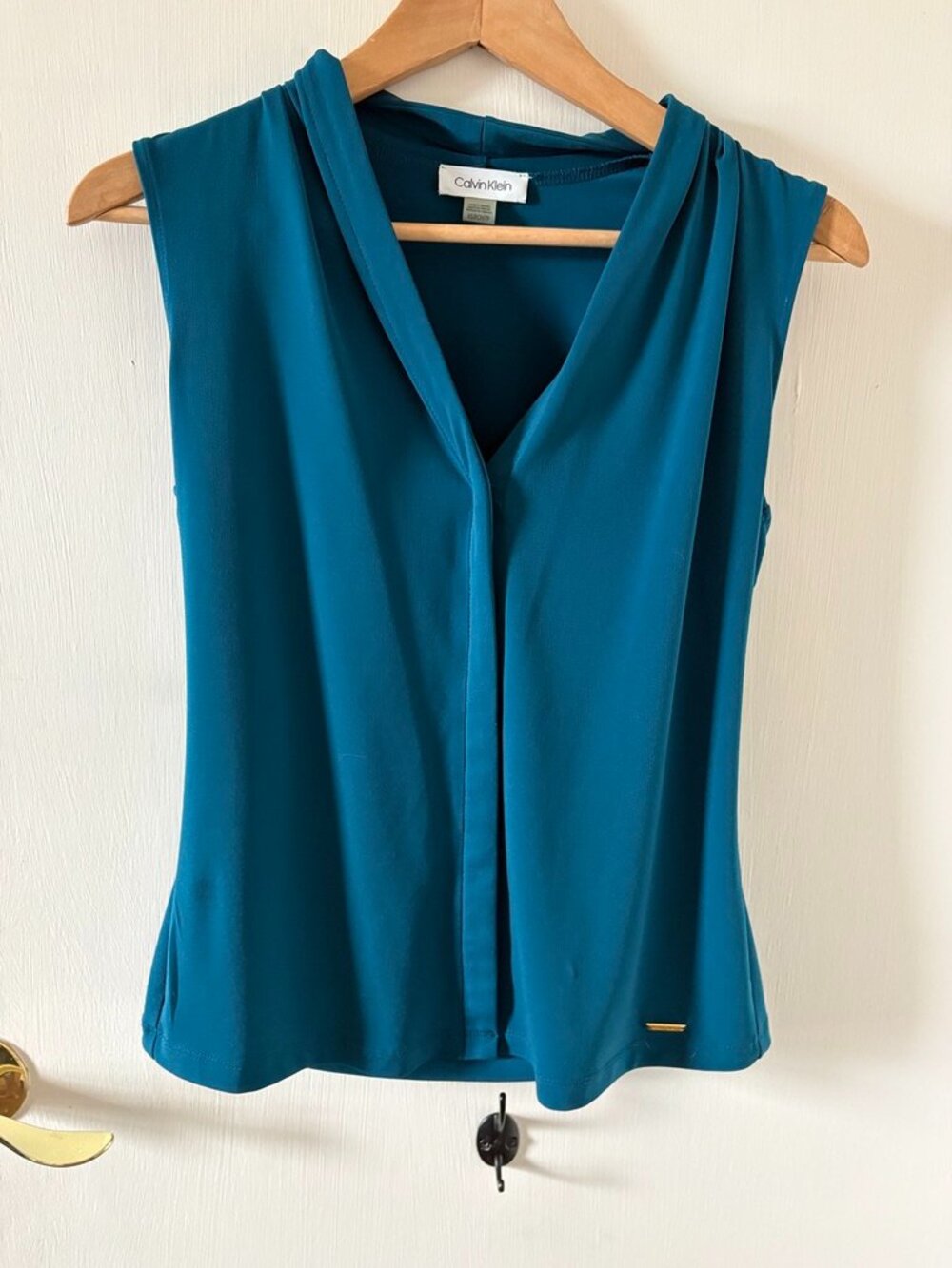 Teal Calvin Klein Gathered V-Neck Sleeveless Blouse Top
